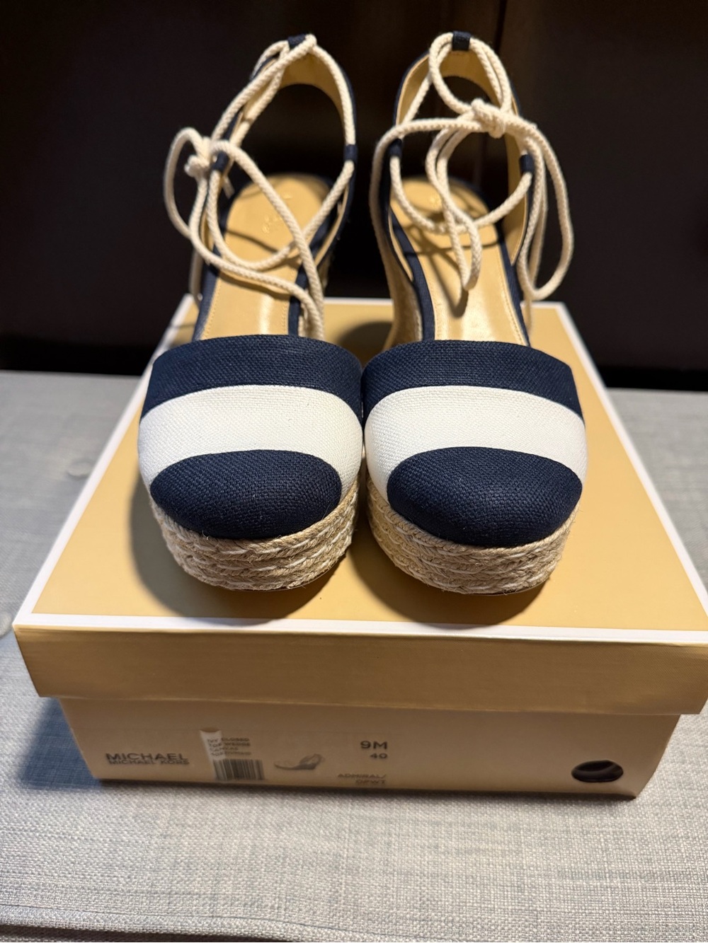 MICHAEL Michael Kors Navy and White Striped Espadrille Wedge Sandals